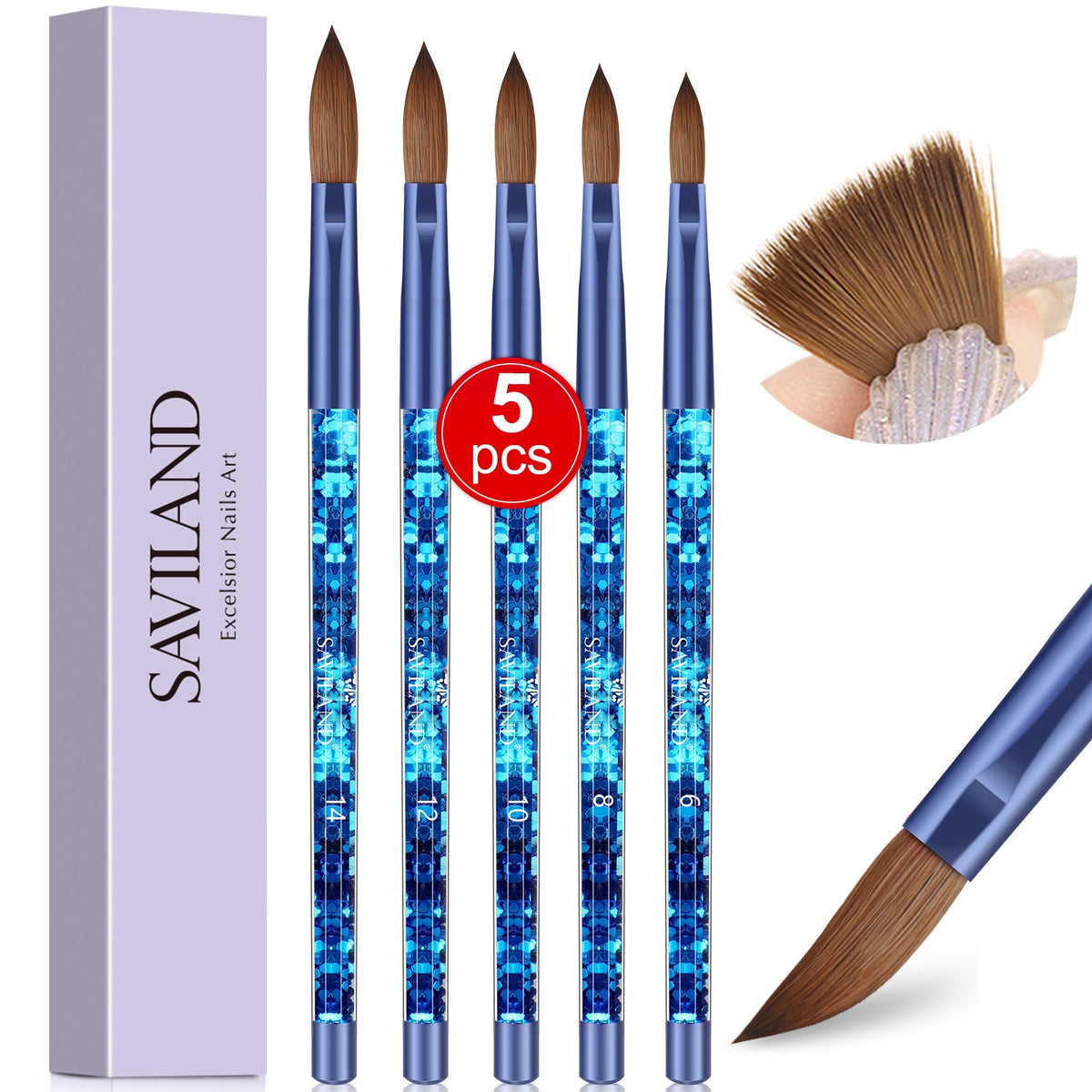 Saviland 6pcs Acrylic Nail Brushes Set - Profession Nail Art Brush for Acrylic Powder Application (Size #4#6#8#10#12#14), Size: 4/6/8/10/12/14, Brown