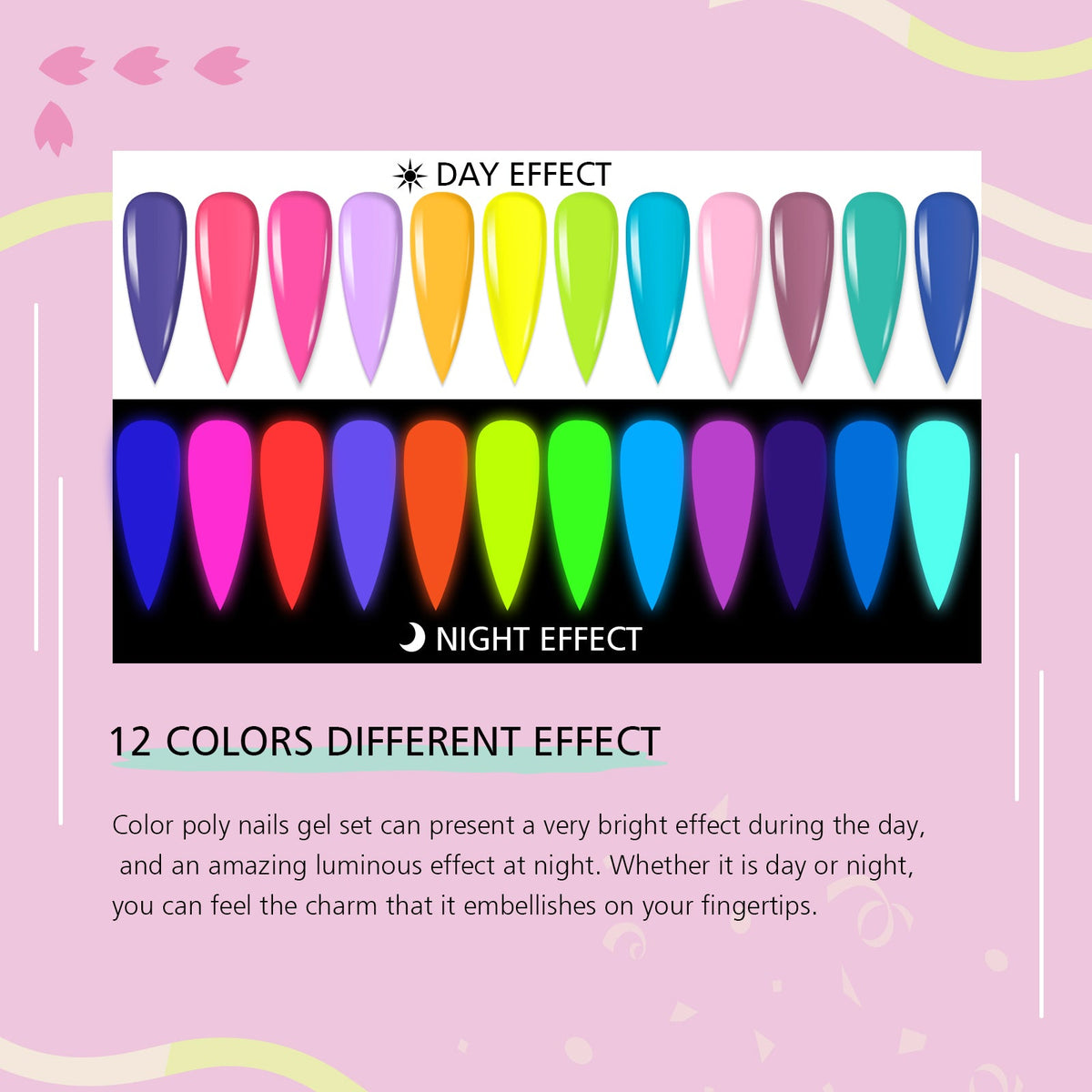 12 Jars (12Colors Nail Powder ) Colored GLOW IN THE DARK